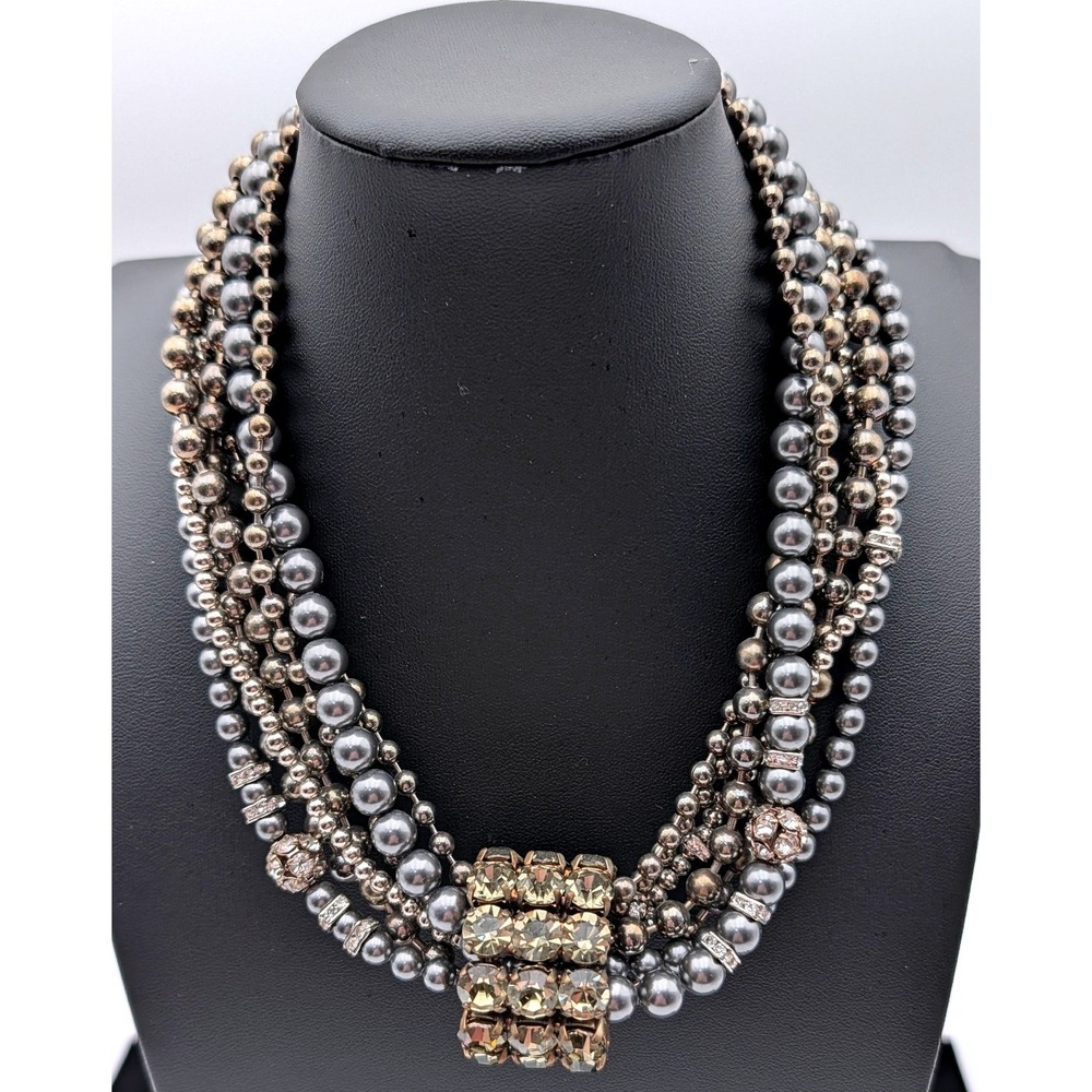Vintage Style Multi Strand Faux Pearl Crystal Statement Necklace Gunmetal Bronze